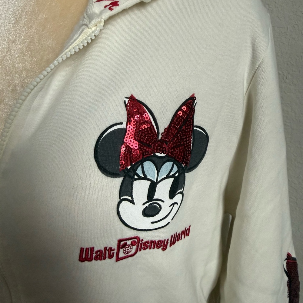 Women’s Walt Disney World Minnie Mouse Red Glitter Bow Zip Hoodie Size L - Picture 2 of 6